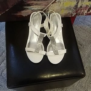 Embellish patent white wedge sandals